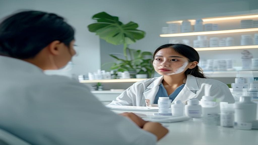 Ilustrasi skincare dokter dengan produk perawatan kulit dan konsultasi untuk rutinitas yang sesuai kebutuhan kulit