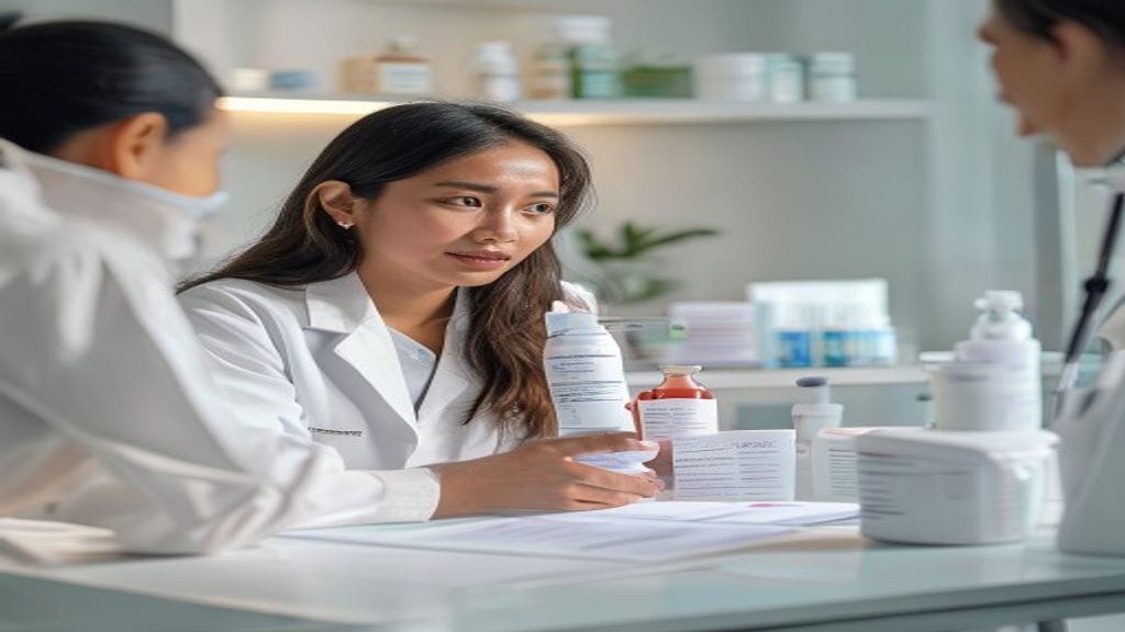 Dokter estetika menjelaskan skincare dokter sesuai kondisi kulit pasien di ruang konsultasi klinik