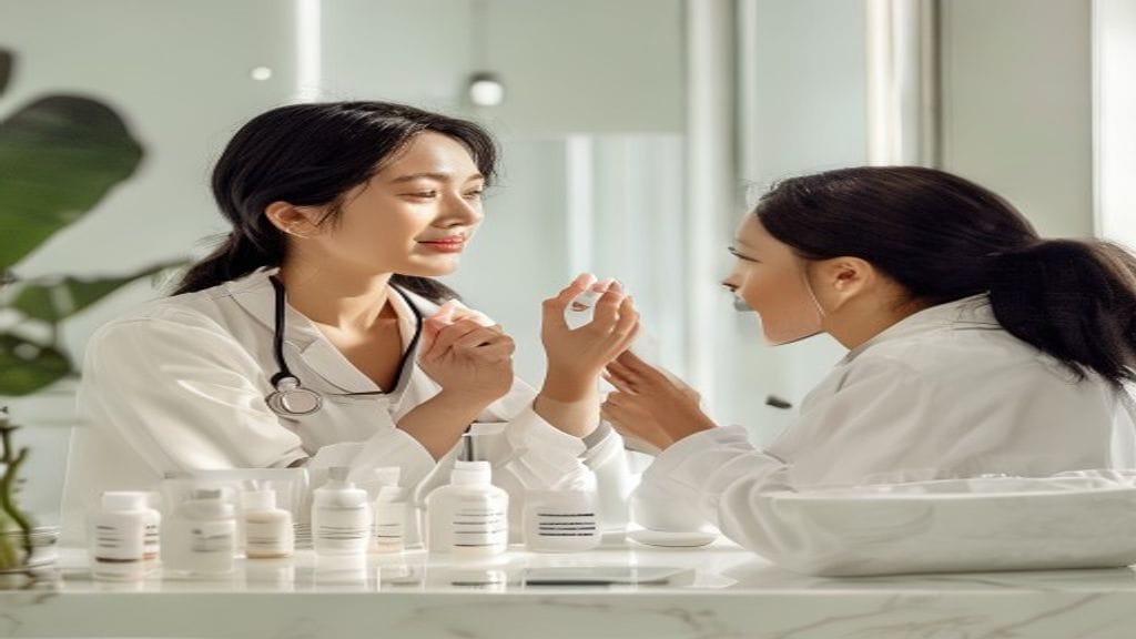 Dokter kulit menjelaskan skincare dokter yang sesuai kondisi kulit pasien di ruang konsultasi klinik estetika