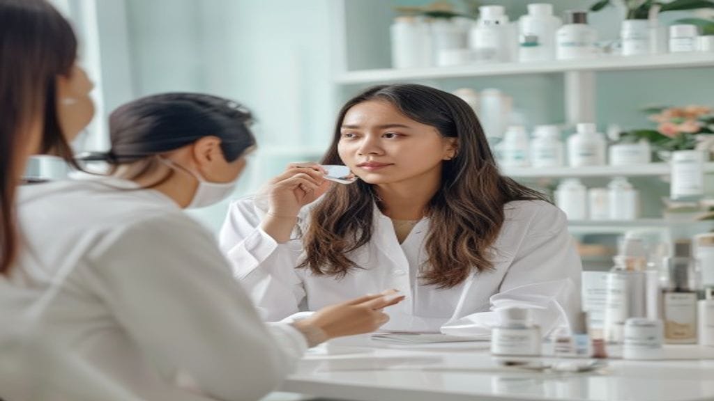 Ilustrasi skincare dokter dengan konsultasi kulit dan rangkaian perawatan wajah yang disesuaikan kebutuhan kulit