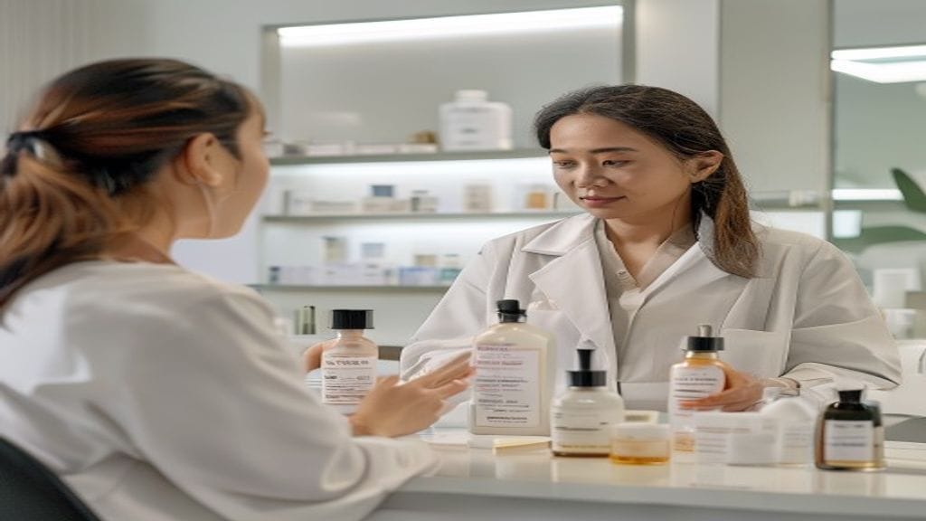 Dokter kulit menjelaskan pilihan skincare dokter yang sesuai kondisi kulit pasien di klinik estetika