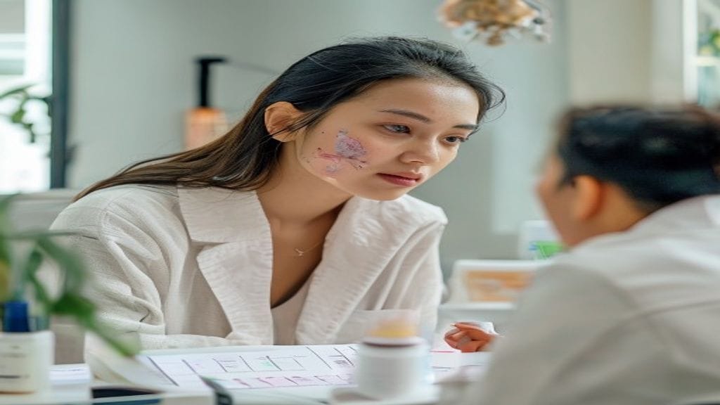 Dokter kulit menjelaskan skincare dokter yang sesuai jenis kulit kepada pasien di klinik estetika