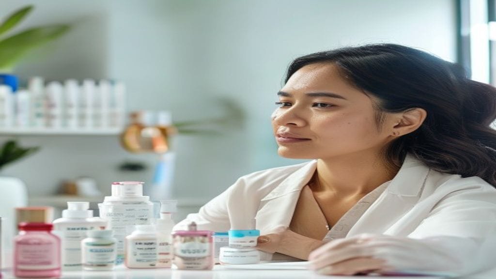 Ilustrasi skincare dokter dengan konsultasi kulit dan produk perawatan yang disesuaikan kebutuhan pasien