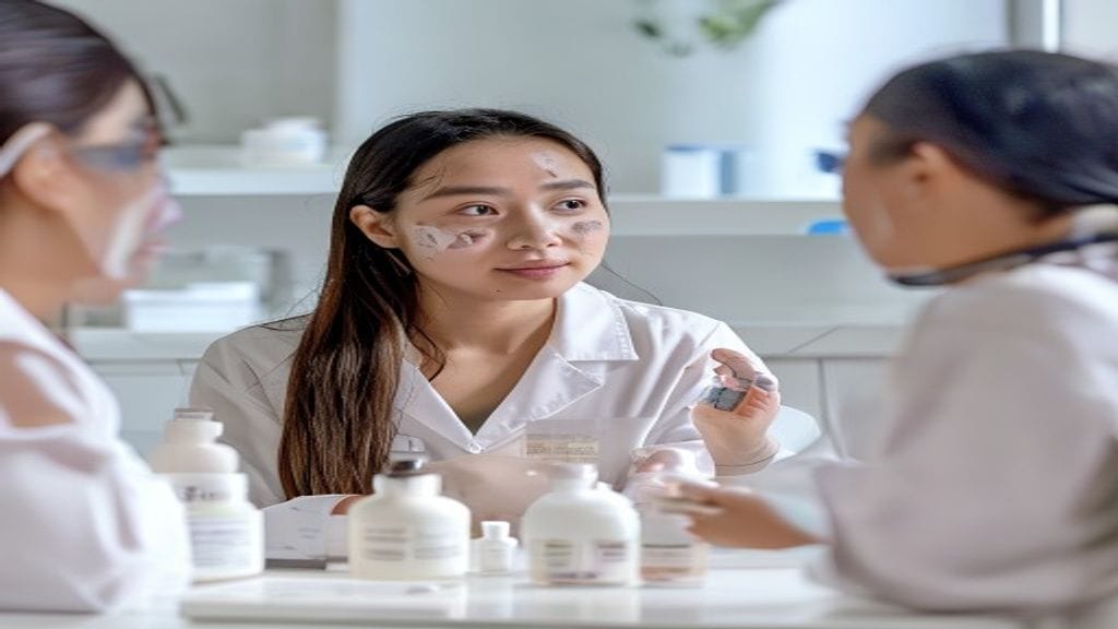 Ilustrasi skincare dokter dengan produk perawatan kulit dan konsultasi klinik estetika yang aman dan terarah