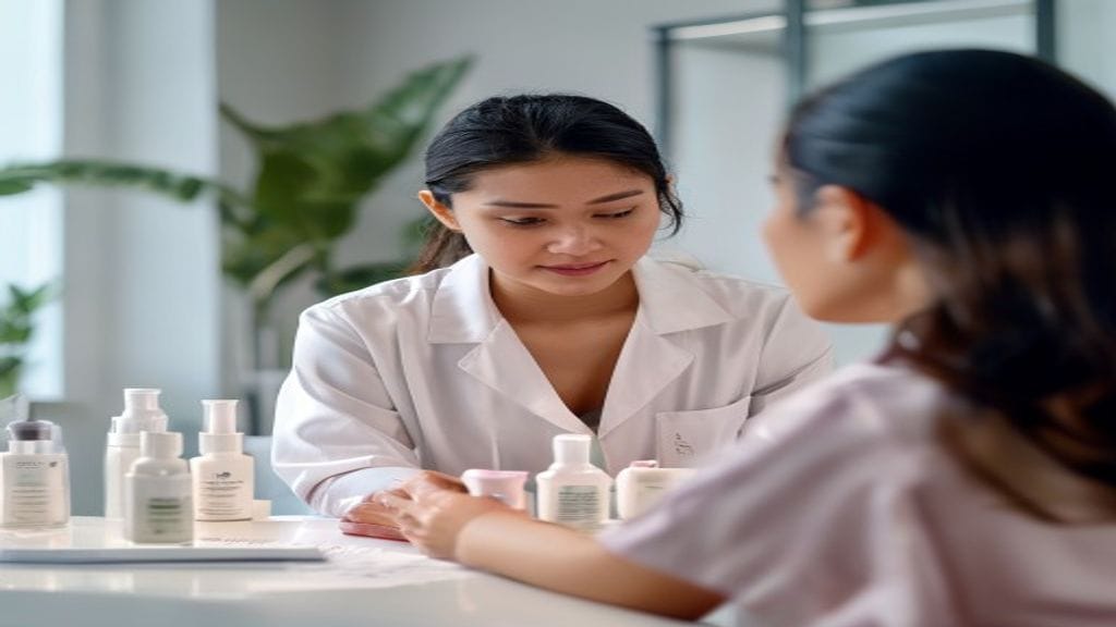 Ilustrasi skincare dokter dengan konsultasi kulit dan rangkaian perawatan wajah yang aman dan terarah