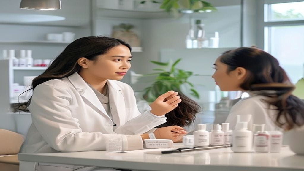 Ilustrasi skincare dokter dengan konsultasi kulit dan rangkaian perawatan wajah yang aman dan terarah