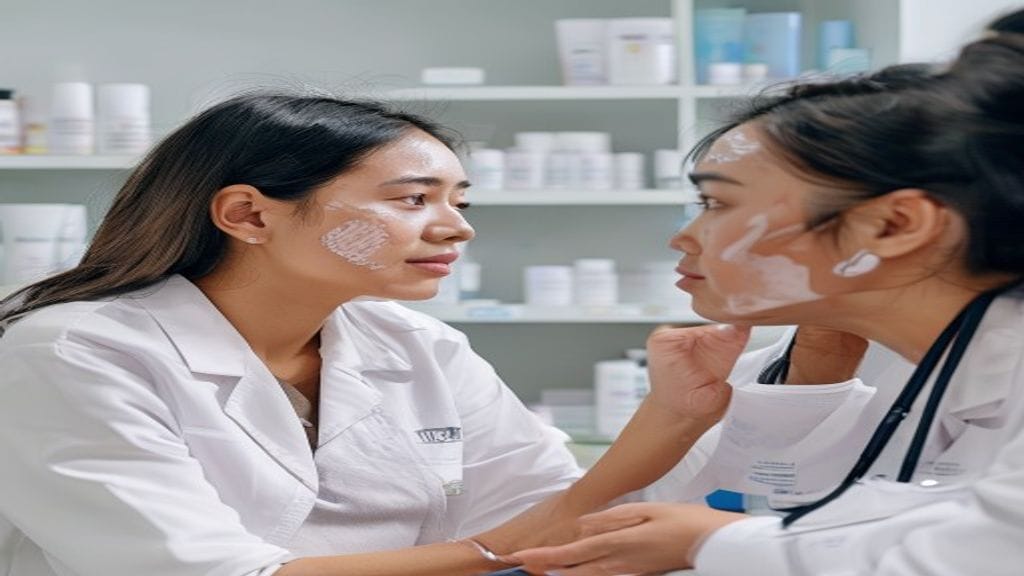 Ilustrasi skincare dokter dengan konsultasi kulit dan rangkaian perawatan wajah di klinik estetika