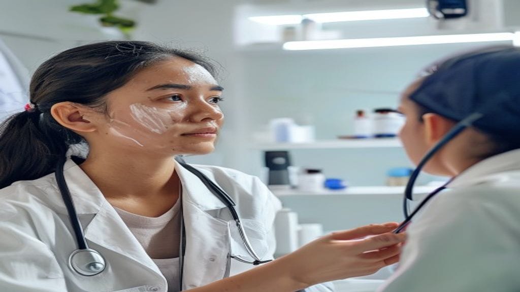 Ilustrasi skincare dokter dengan produk perawatan kulit dan konsultasi medis untuk wajah sehat terawat