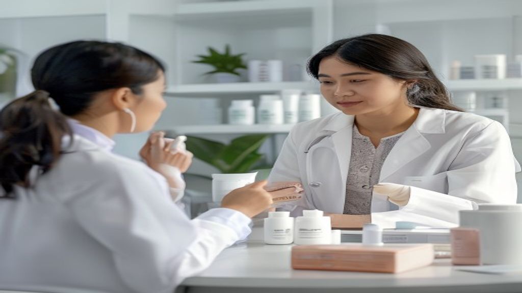 Ilustrasi skincare dokter dengan konsultasi kulit dan rangkaian perawatan wajah yang aman dan terarah